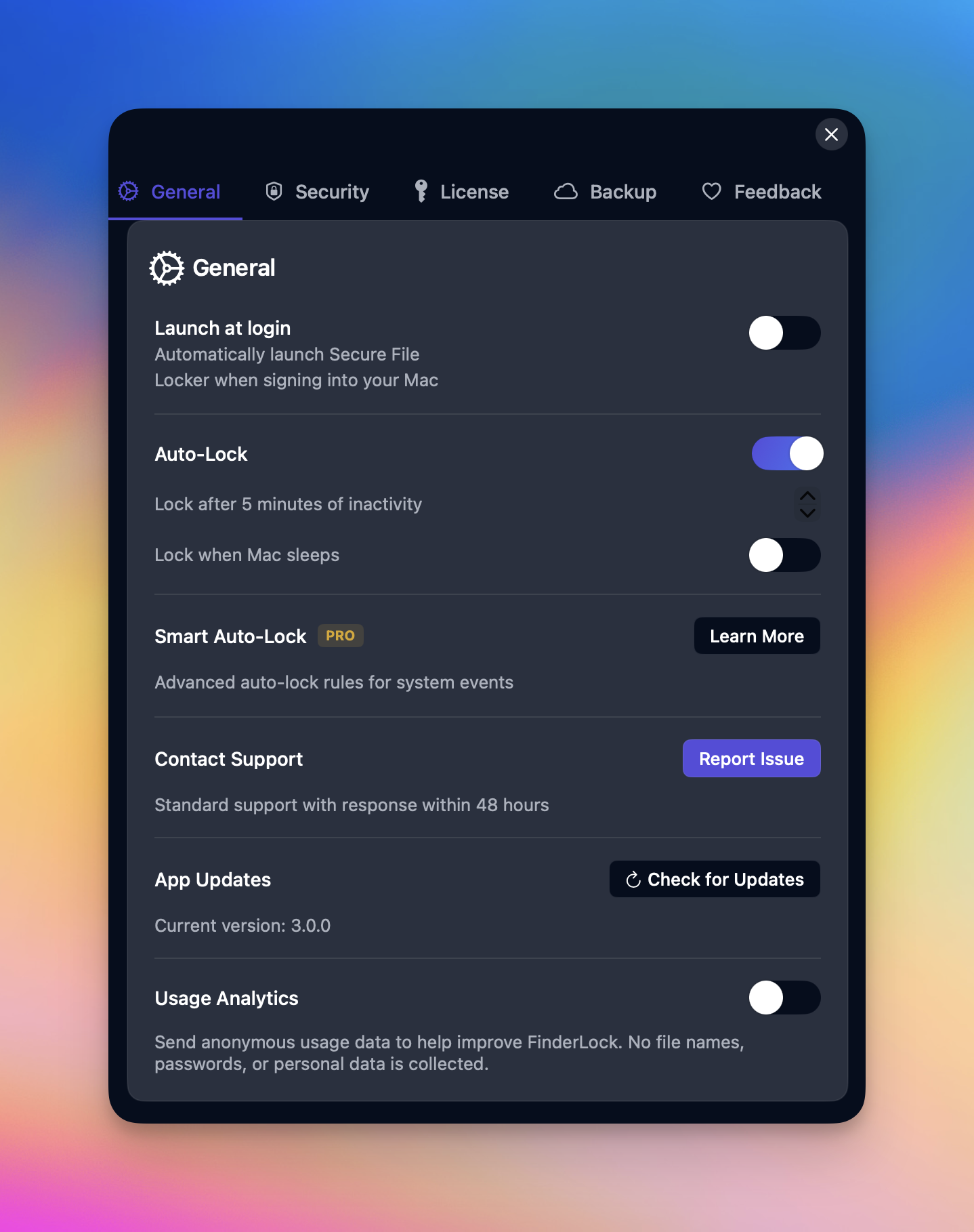 Auto-lock settings panel and menu bar dropdown